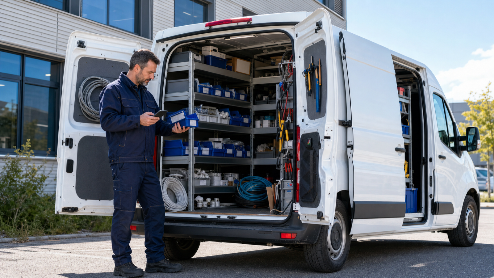 Montážník eviduje materiál v organizované servisní dodávce