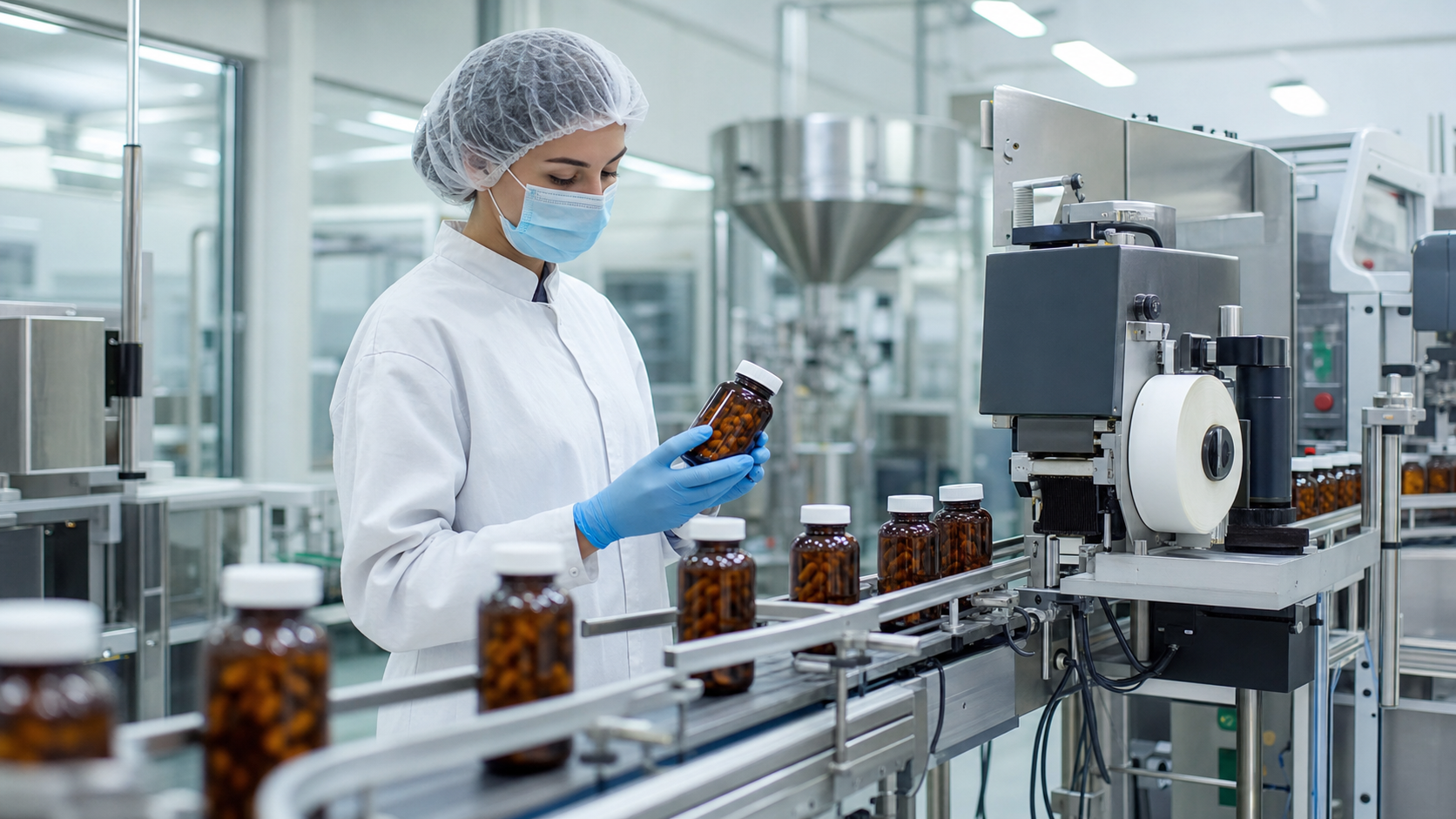 Operátorka kontroluje lahvičky vitamínů na výrobní a etiketovací lince